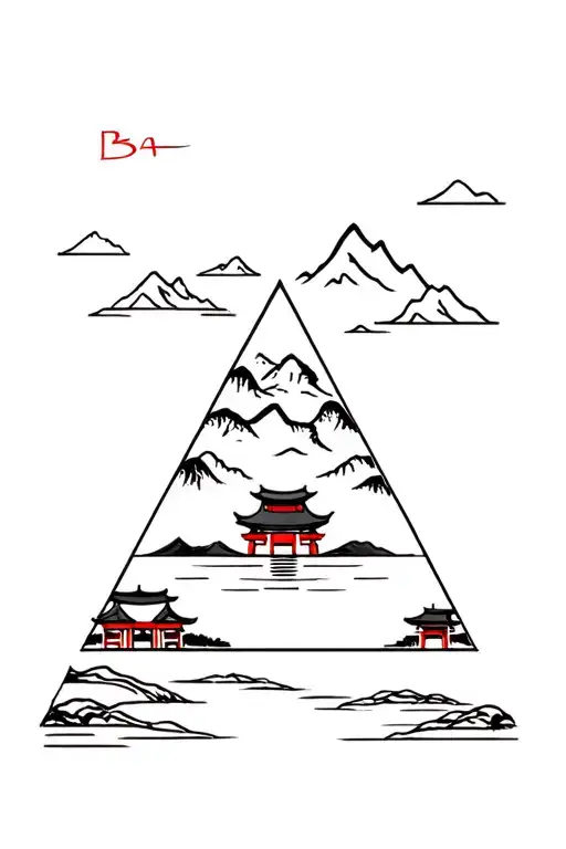 triangle with cat bao river, mountains, japanese temple, philippine beach, inari gate, seoul skyline tattoo design idea