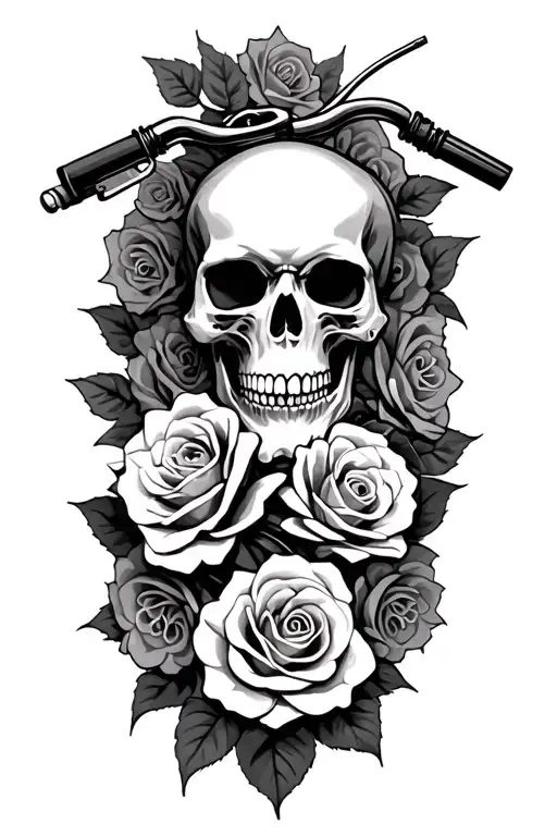 Skull and roses wrapped around motor bike tattoo design idea