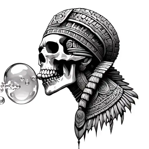 mayan skeleton blowing bubles tattoo design idea