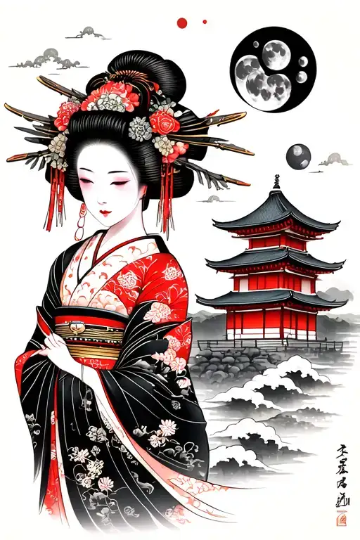 geisha with temple at the background and moon phases tattoo design idea