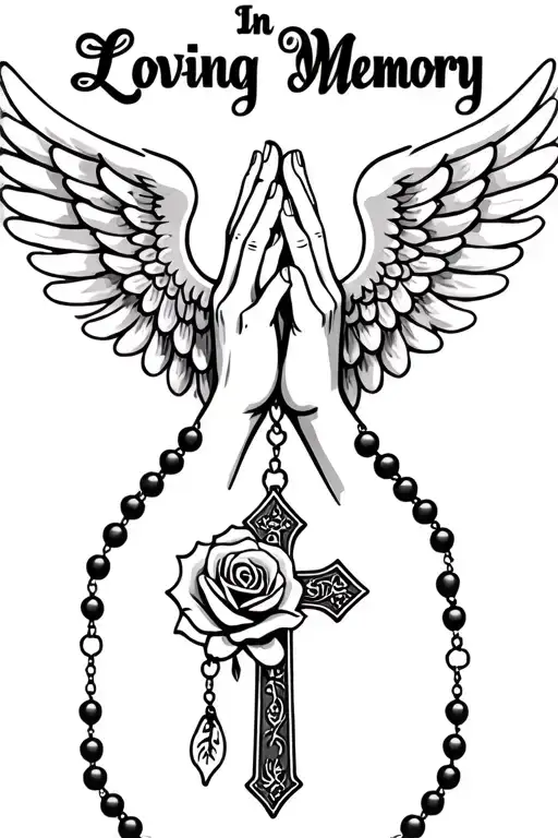 "In Loving Memory" "In Loving Memory" Praying Hands, Rosary beads intertwined with cross, Wings, Realism, Rose tattoo design idea