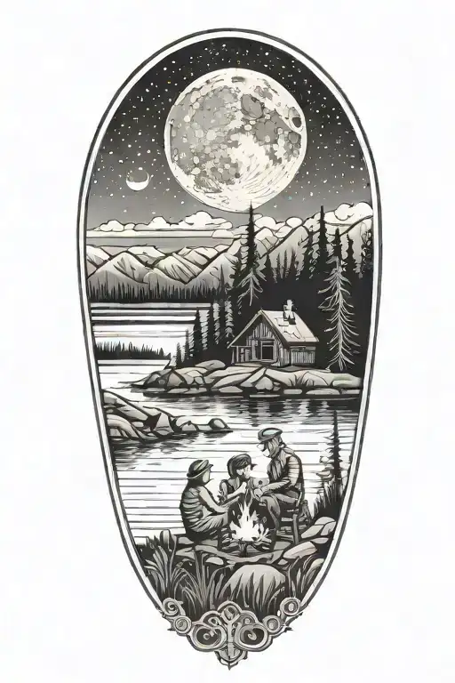 Man, woman, child, sitting at campfire overlooking lake. Trees, mountains, moon in background. Little hut on the shore tattoo design idea