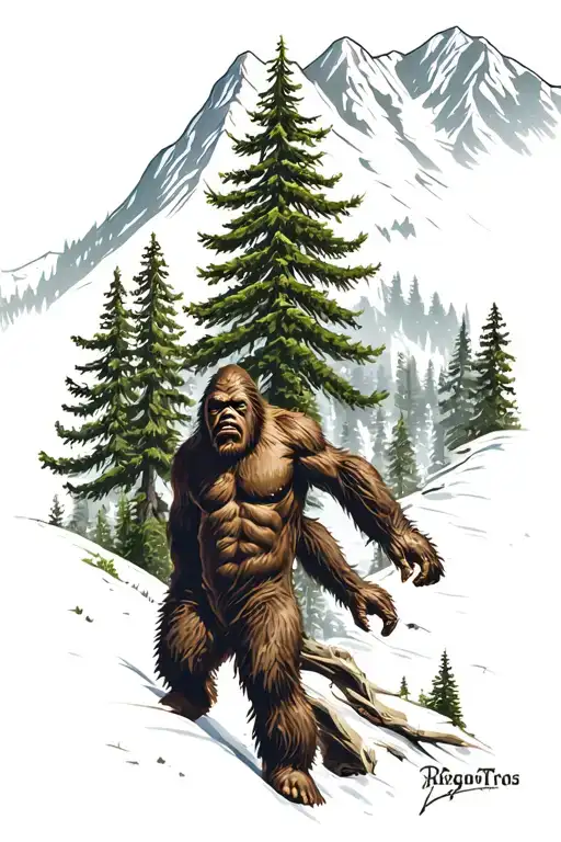 Evergreen Trees, Mountain, Bigfoot tattoo design idea