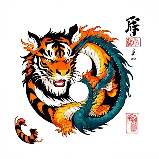 a dragon morphing into a tiger in a yin and yang way tattoo design idea