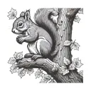 a squirrel climbing an oak tree. the tree has acorns growing on it tattoo design idea