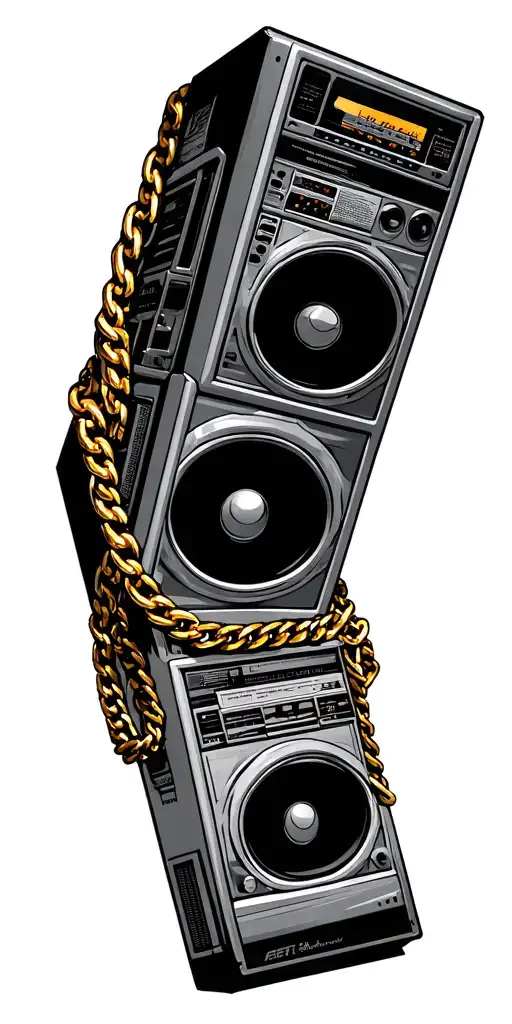 A 1980s boom box in circled with heavy gold chains tattoo design idea