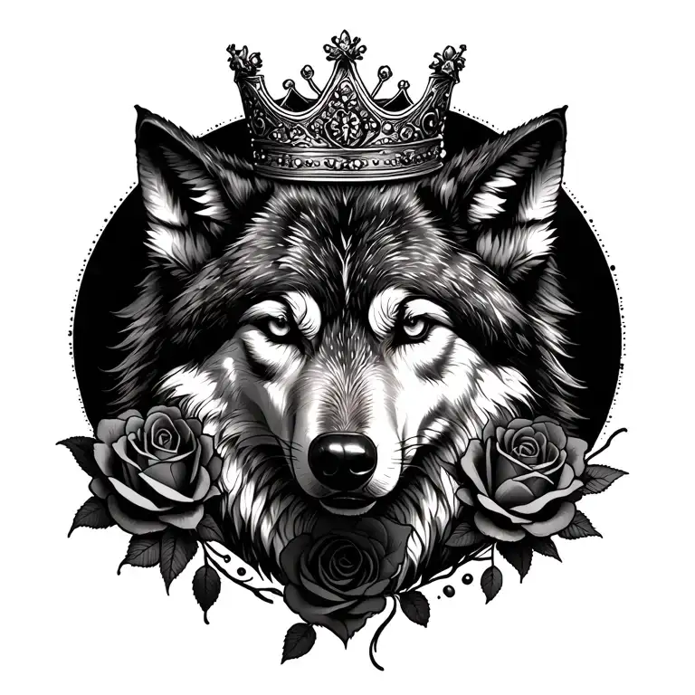 wolf with crown and rose intertwined tattoo design idea