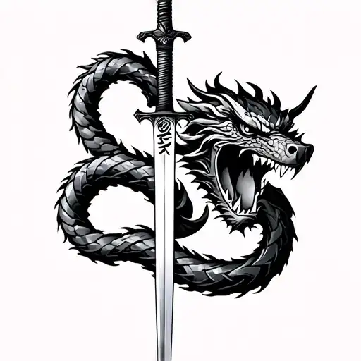 Make an illustration of a samurai sword tattoo with a dragon coiled around it and a foodog face biting a vajra mace in t tattoo design idea