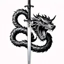 Make an illustration of a samurai sword tattoo with a dragon coiled around it and a foodog face biting a vajra mace in t tattoo design idea