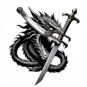 Make an illustration of a samurai sword tattoo with a dragon coiled around it and a foodog face biting a vajra mace in t tattoo design idea