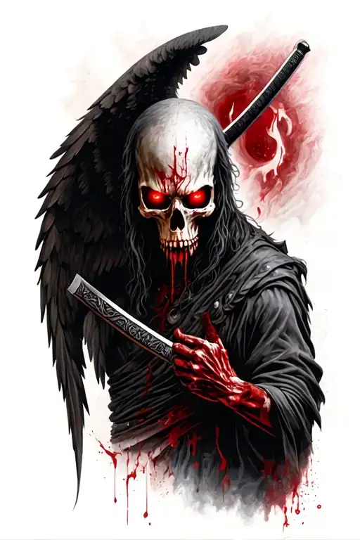 Angel Of Death With Red Eyes Bright, Hands In Blood, In His Left Hand A Bloody Katana, He Is... Tattoo tattoo design idea