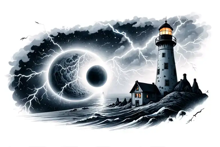 lightning, black hole, planet, lighthouse tattoo design idea