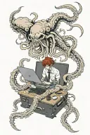 giant squid typing on computer tattoo design idea