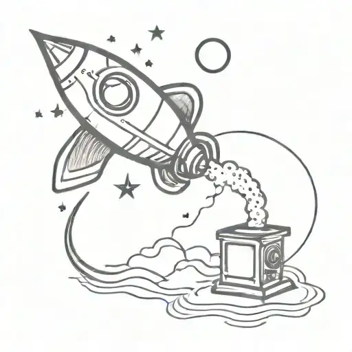 Rocket ship with Gramophone on top, Galaxy, weird, stars, moon, cosmos, lightning bolt, rock'n'roll tattoo design idea