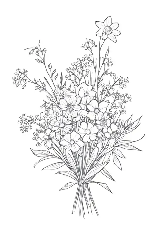 a bouquet of flowers with baby's breath, daffodils, carnations, larkspur, and narcissus.  tattoo design idea