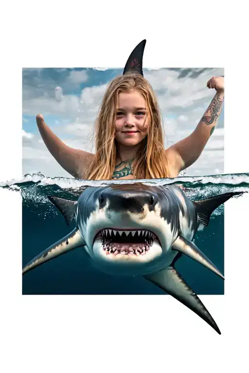 bull shark with girl in background tattoo design idea