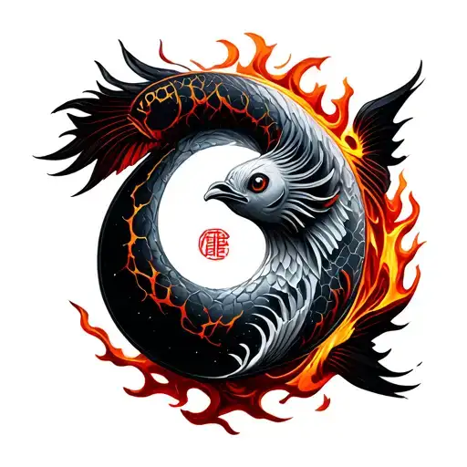 ## **1. Central Totem: Tai Chi Zhuque** - **Dynamic Tai Chi**: Yin and Yang fish are outlined with flame patterns, the anode is dark red gradient, and the cathode is melted ice and cracked texture, symbolizing that water and fire are harmonious.     - **Surpriser Bird spreads its wings**: The southern fire god, with wings span covering the collarbone, and the beak carries Xin metal (turned into starlight), balancing the energy of gold and earth. # tattoo design idea