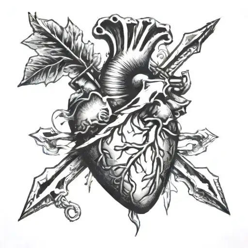 Human heart with the handle of a dagger sticking into it on the left side and arrow head sticking out of it on the right tattoo design idea