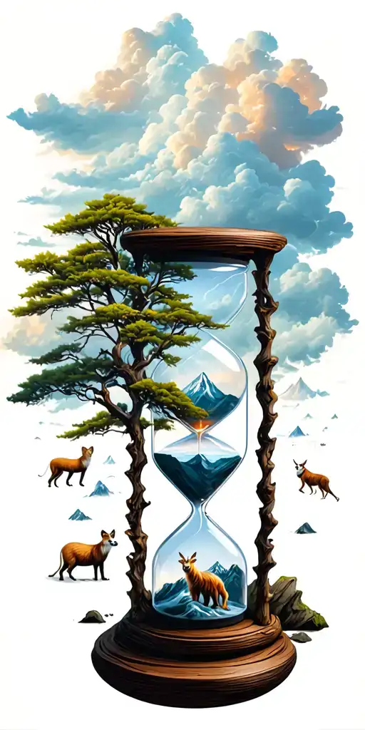 mountains, clouds, animals, hourglass , tree tattoo design idea