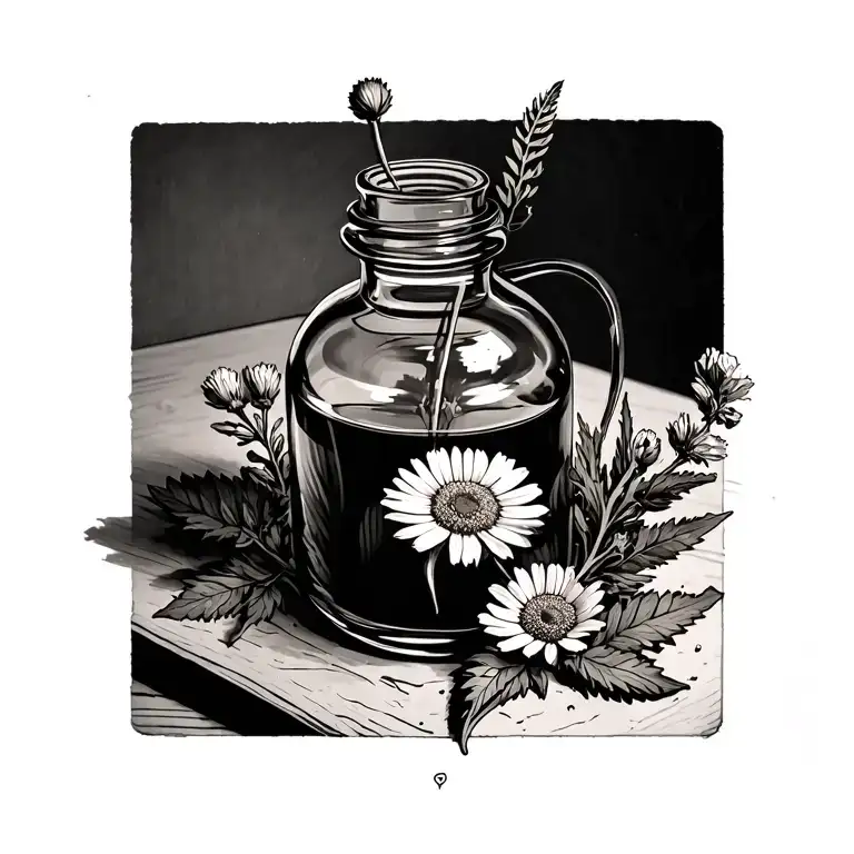 Small apothecary bottle. long calendula. mullein. stinging nettle.  tattoo design idea