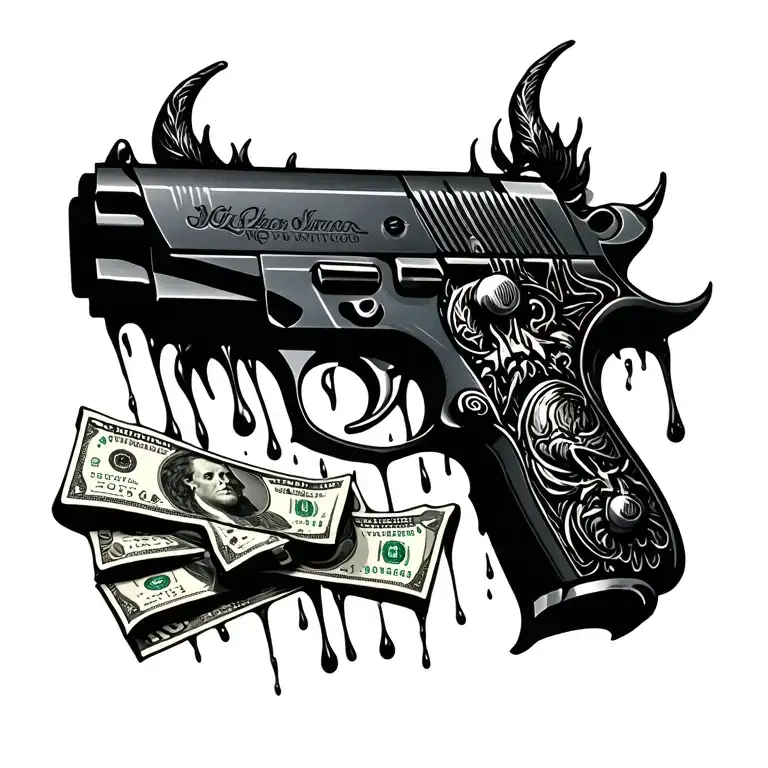 demon pistol money raining tattoo design idea
