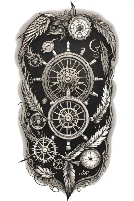 ships wheel with a clock inside, a light house, motorcycle and Indian feather tattoo design idea