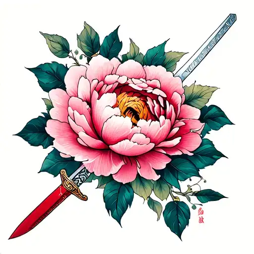 Japanese saber and peony. Light and fine lines tattoo design idea
