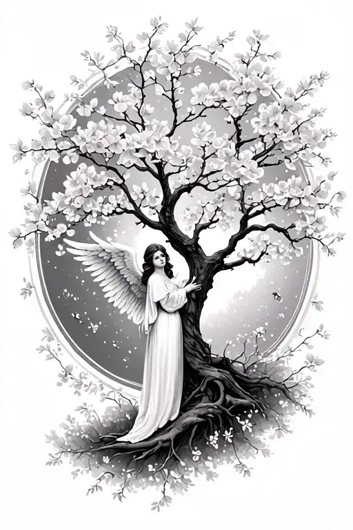 tree, cherry blossom, angel  tattoo design idea