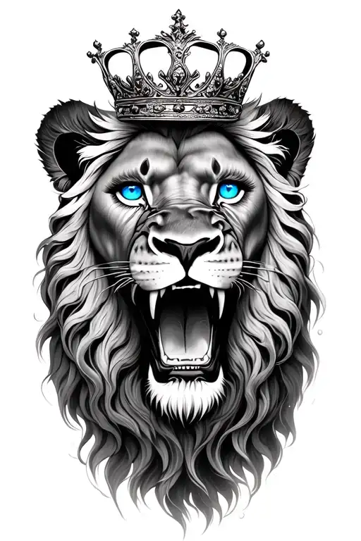 Hyper realistic black and white tattoo lion with blue eyes roaring wearing a crown and a realistic woman's eye underneat tattoo design idea