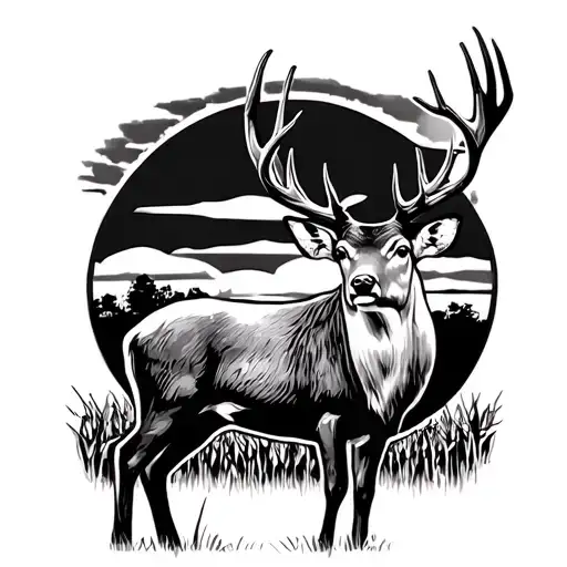 buck mule deer in corn field durning sunset tattoo design idea