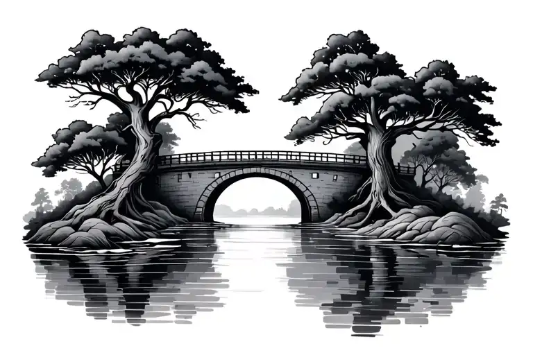 tree and water and bridge leading tattoo design idea