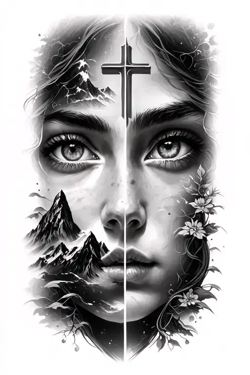 my sister eyes  on one part both just the eyes of themwith god like the mountain and the cross and her name maria tattoo design idea