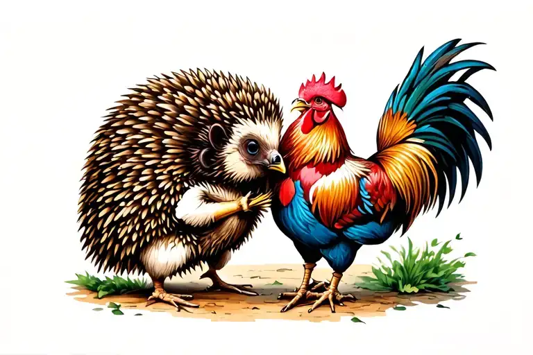 hedgehog and rooster fighting each other tattoo design idea