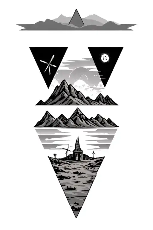3 triangles with desert mountains and windmills tattoo design idea
