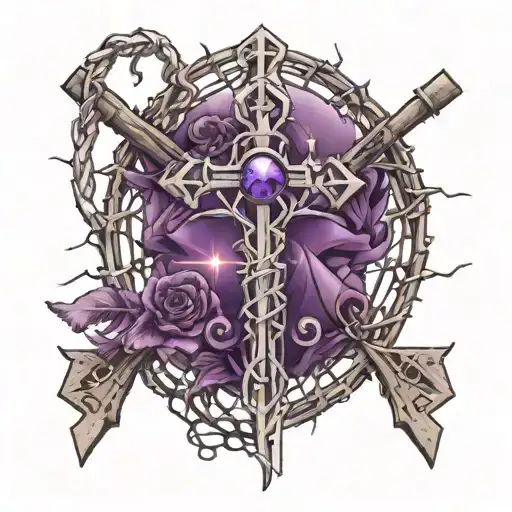 Barbed wire ankh with purple jewels tied underneath the barbed wire, and a purple crystal moon at the bottom tattoo design idea