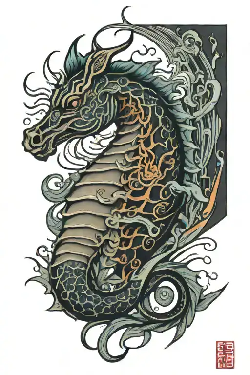 old school style, pregnant sea horse, miyazaki like lines, colourful sketch tattoo design idea