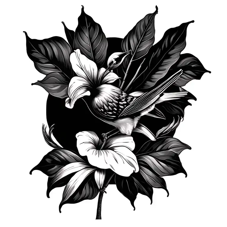 peace lily and bird perched tattoo design idea