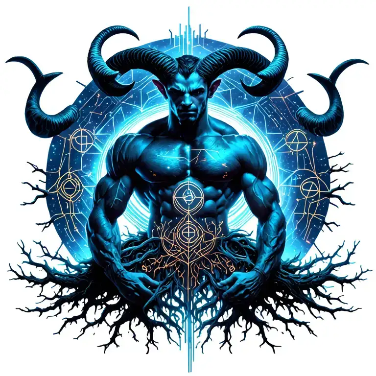 sexy gay male horned satyr with massive bodybuilder muscles flex. cyber tree roots, wild animals and constellations tattoo design idea