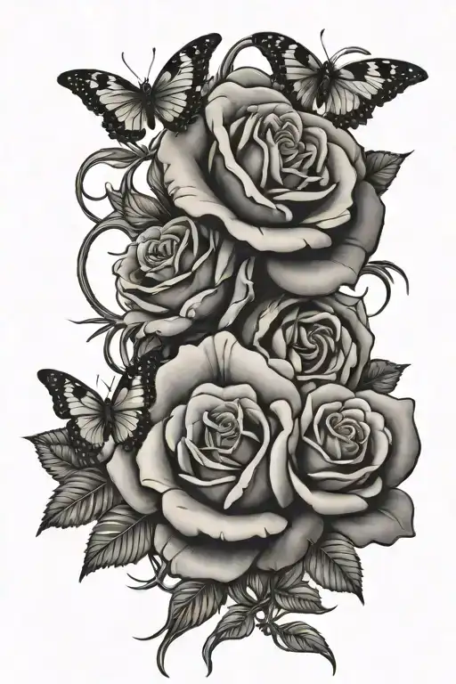 roses, snakes intertwined, butterflies fluttering tattoo design idea