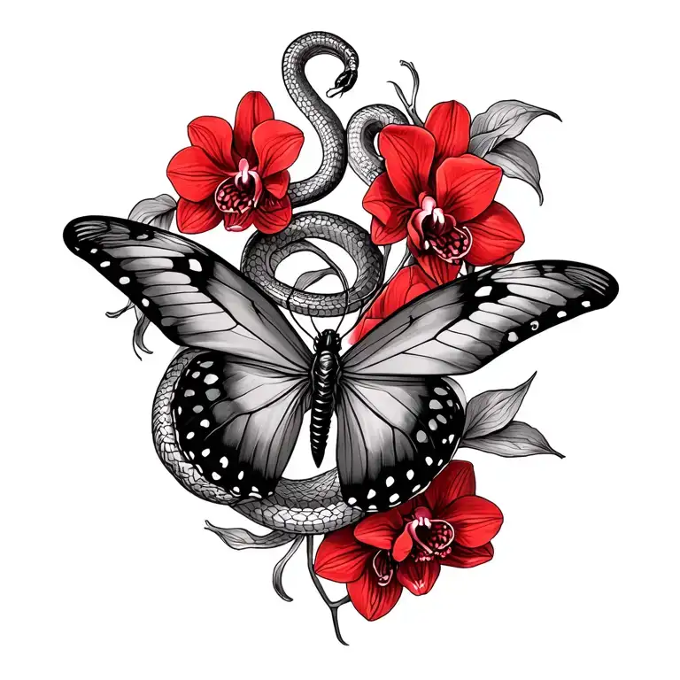 a butterfly with snake heads as wings with red marka orchids around it tattoo design idea