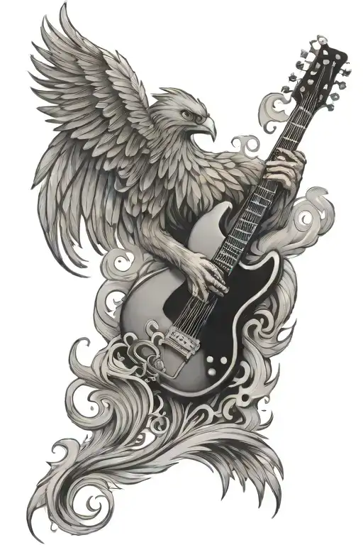 Phoenix bird with smoke rising from upper arm and a bass guitar under  tattoo design idea