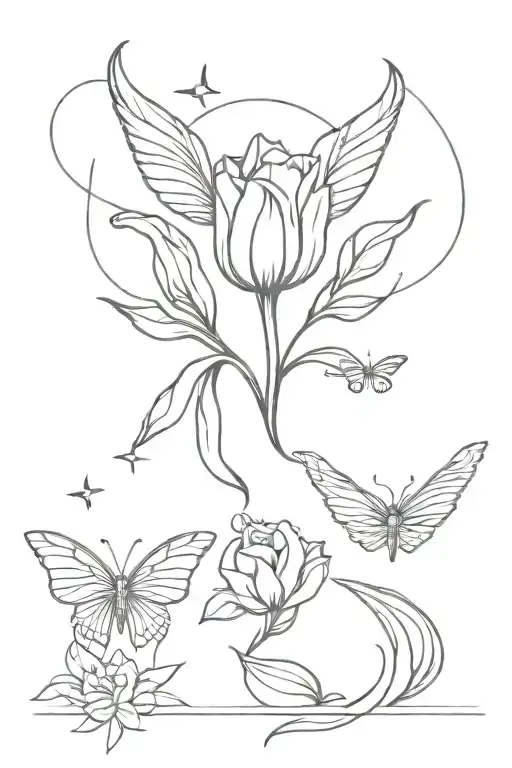 shoulder tattoo line design with tulip, butterfly, angel wings, dollar and Sagittarius sign tattoo design idea