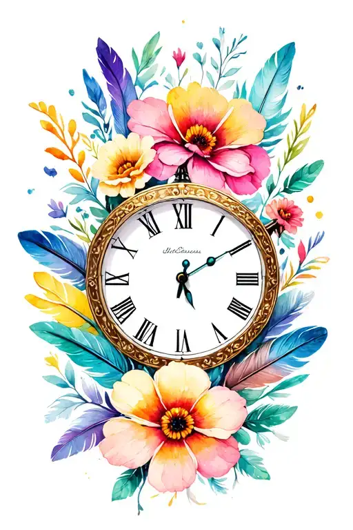 feathers flowers clock face tattoo design idea