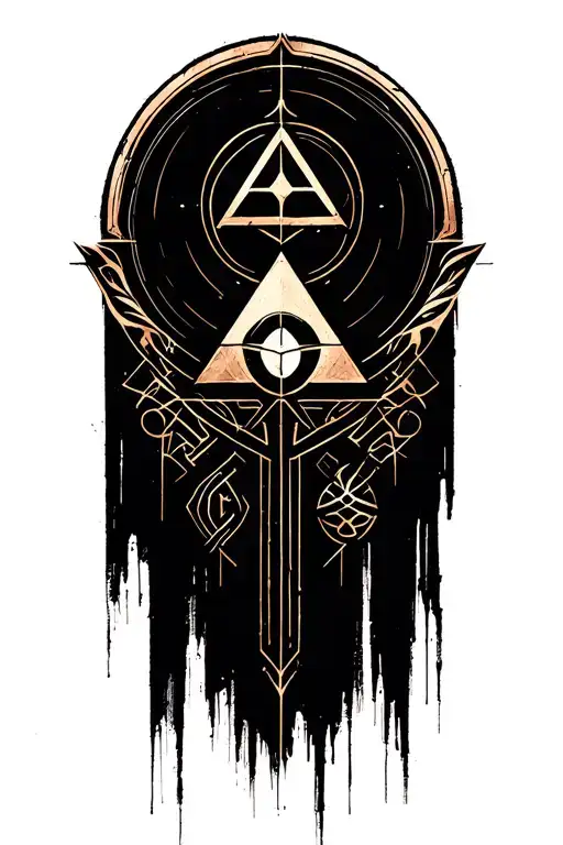 Brush stroke lines incorporating symbols: triforce, pokeball, symbols for pewter and copper from mistborn tattoo design idea
