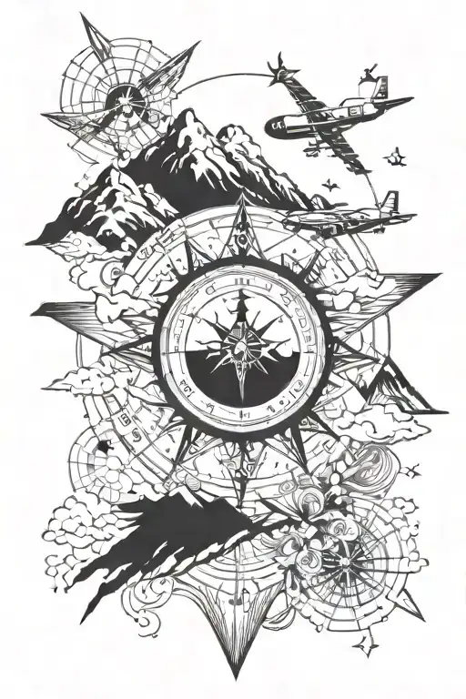 mountains and compass and aviation tattoo design idea