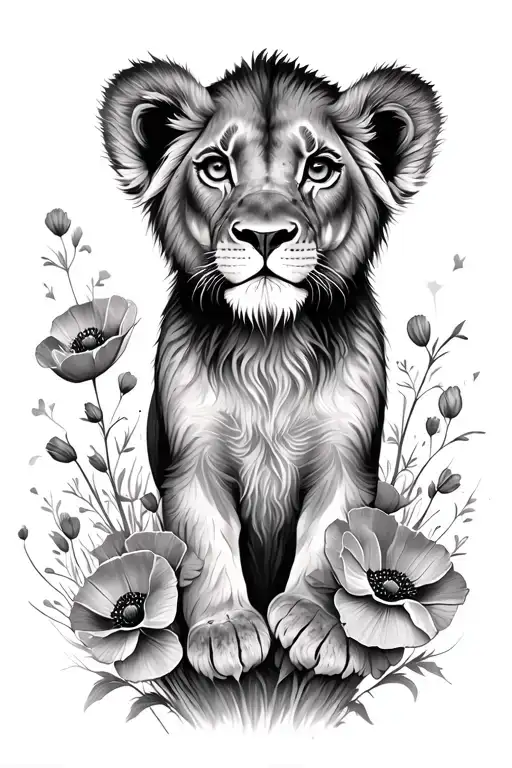 lion cub with poppies tattoo design idea