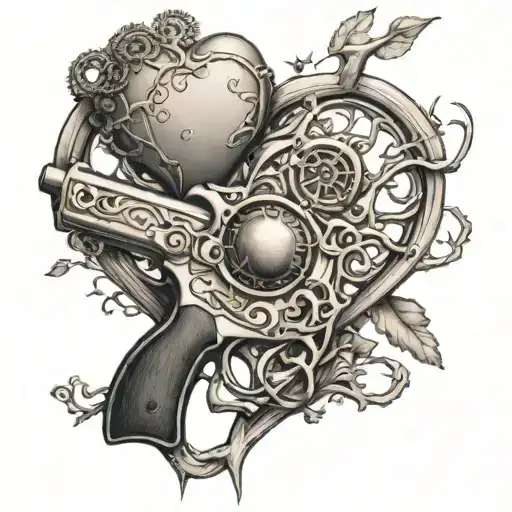 An intricate design featuring a gun intertwined with a heart and a family tree, representing love and protection tattoo design idea