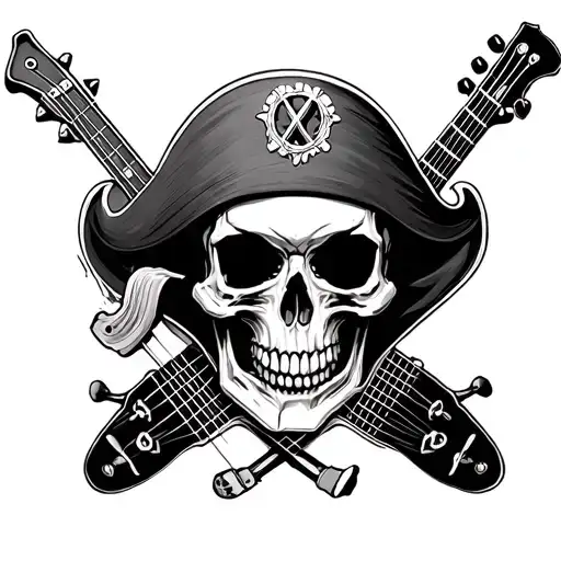 skull, v shaped guitar behind the skull with another type of guitar like a pirate skull tattoo design idea