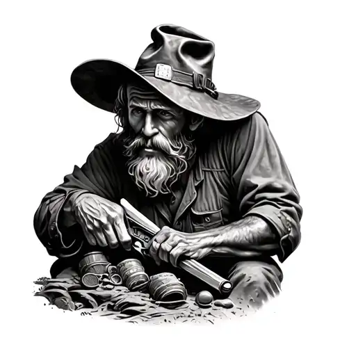 old gold miner scene black smooth shading tattoo design idea