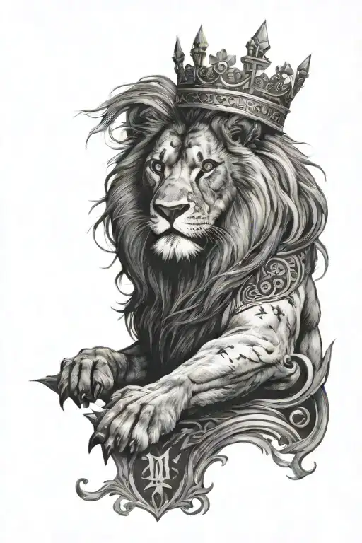 a lion with a crown growling with 3 crosses underneath it on a hill with the verse Luke 1:37  tattoo design idea